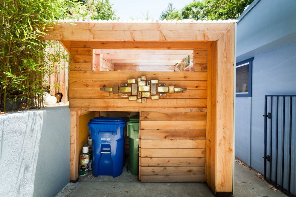 64 Gallon Trash Can   Contemporary Shed  and Custom Art Modern Garage Stucco Walls Wood Panels