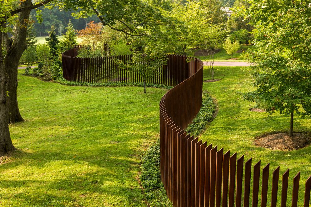8 Foot Bookshelf with Contemporary Landscape  and Arts and Crafts Inspired Cor Ten Cor Ten Fence Corten Steel Fence Grass Landscape Lawn Pre Rusted Sculptural Fence Serpentine Stanchion Steel Steel Fence