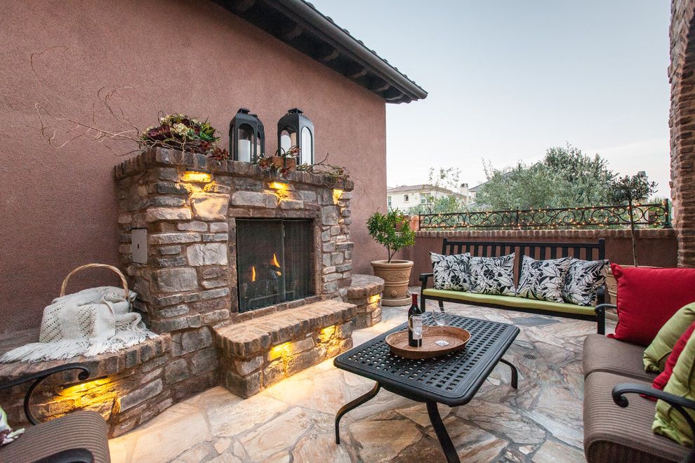 Aaa Valencia Ca   Mediterranean Patio  and Fireplace Hearth Masonry Metal Furniture Outdoor Living String Lights