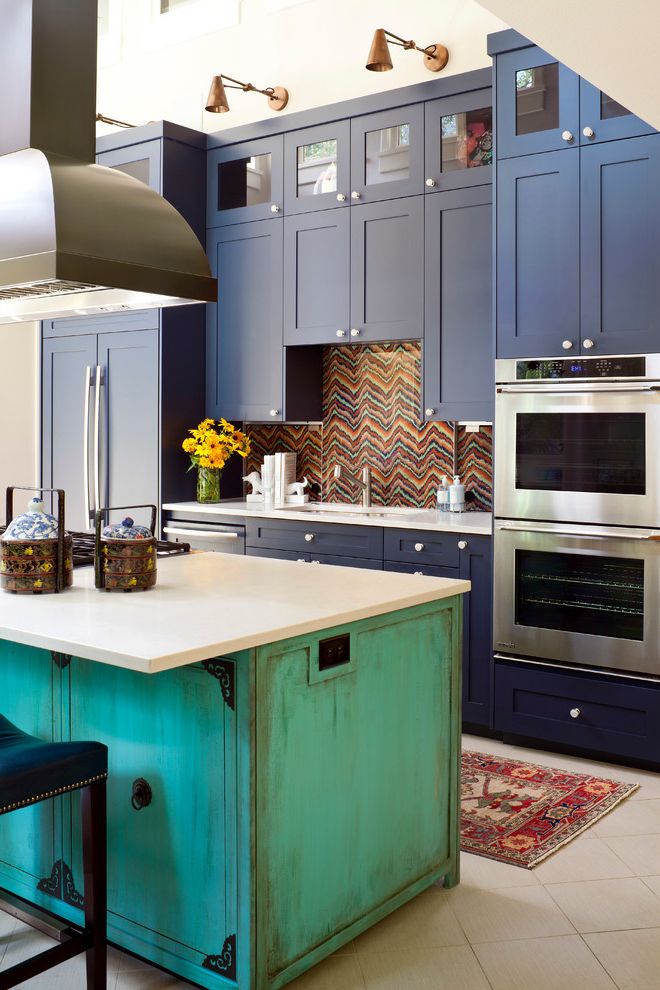 A&e Appliance with Eclectic Kitchen Also Afganistan Rug Asian Accessories Blue Cabinets Counter Stools Custom Kitchen Island Customized Wallpaper Backsplash with Protective Cover Glass Cabinet Pulls Hood Sconces