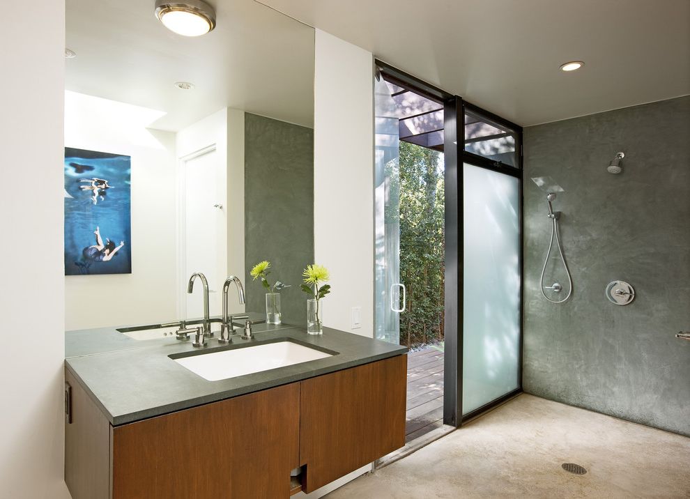 Allens Plumbing with Midcentury Bathroom  and Artwork Ceiling Light Chrome Concrete Concrete Walls Dark Stained Wood Dark Trim Floating Vanity Frosted Glass Mirror Montecito Santa Barbara Single Sink White Walls