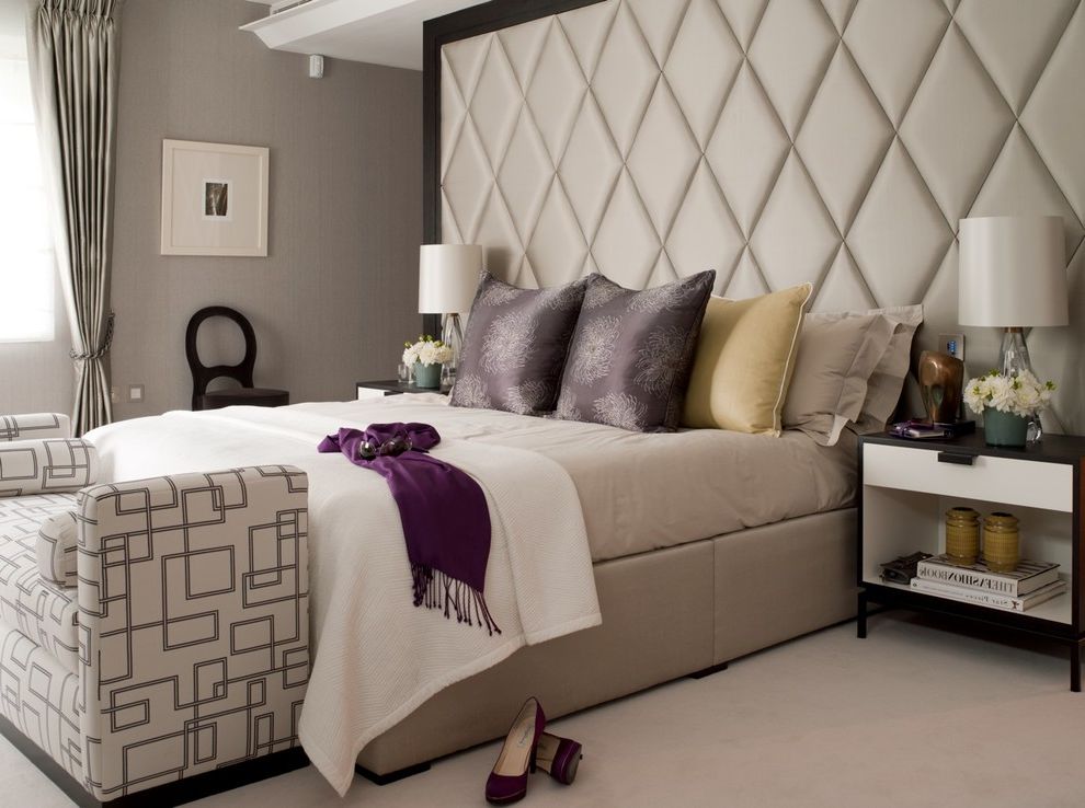 Angled Headboard   Transitional Bedroom Also Bed Scarf Beige Bed Beige Bedding Black and White Nightstand Diamond Upholstery Feminine Color Scheme Gray Walls Purple Scarf Upholstered Bench Upholstered Headboard Wall