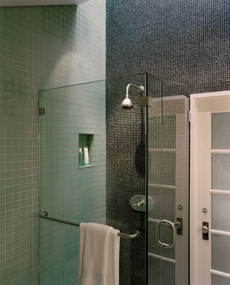 Aqua Glass Shower Door   Contemporary Bathroom  and Glass Doors Glass Shower Minimal Mosaic Tiles Rain Shower Head Shower Shelf Tile Walls