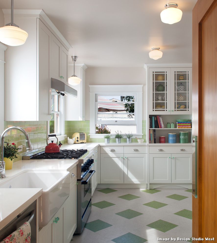 Armstrong Vinyl Floor Tiles with Traditional Kitchen and Bright Charging Station Check Floor Farmhouse Sink Green and White Hutch Light Green Mint Green Backsplash Pastel Accessories Subway Glass Tile Teapots Traditional Design Traditional Kitchen