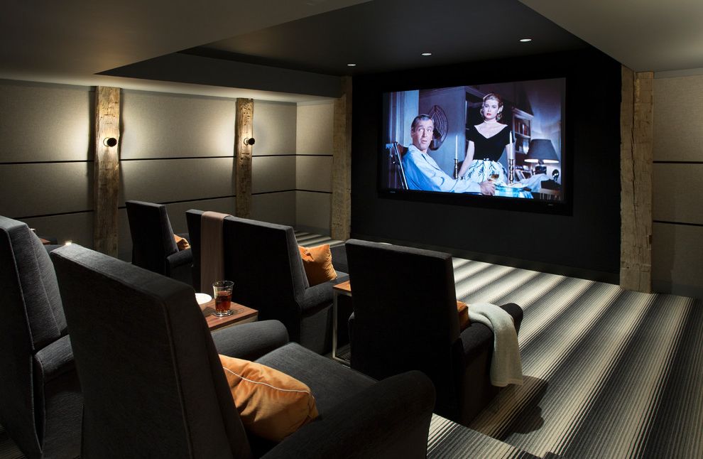 Arroyo Grande Theater with Farmhouse Home Theater Also Armchairs Movie Room Striped Carpet Theater Seats Wall Sconces