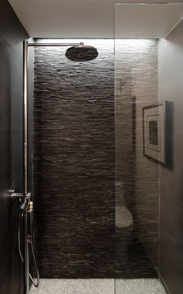 Atlas Tile and Stone with Contemporary Bathroom  and Glass Shower Partition Mini Sticks Natural Light Pebble Tile Floor Rain Showerhead Skylights Slate Walk in Shower Zen
