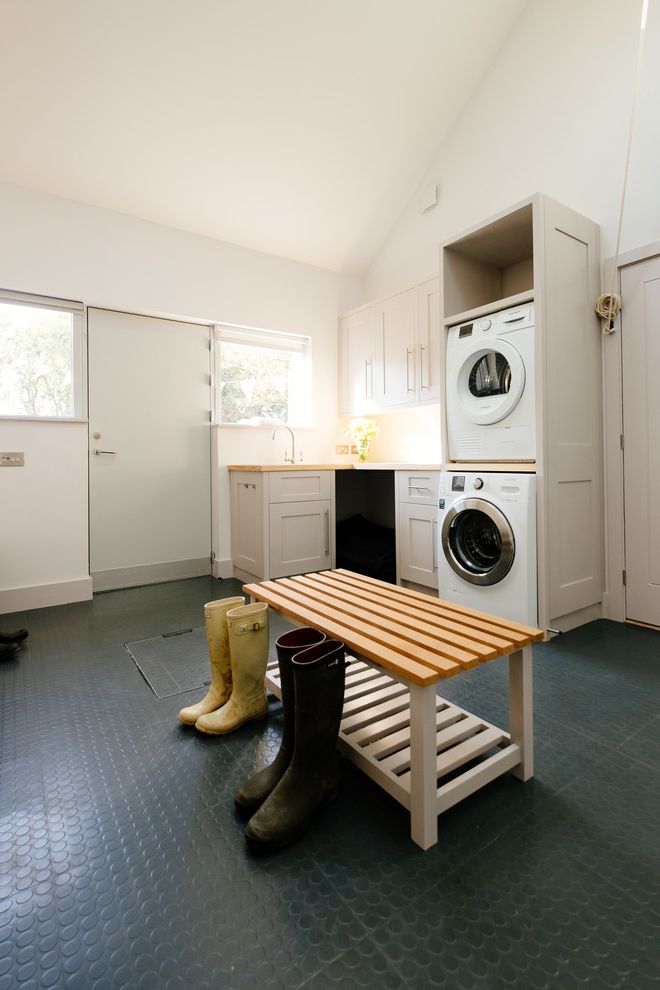 Avalon Flooring Locations with Transitional Laundry Room Also Bench Boot Room Entry Sloped Ceiling Tall Ceilings Utility Room Washing Room Wellies Wooden Worktop