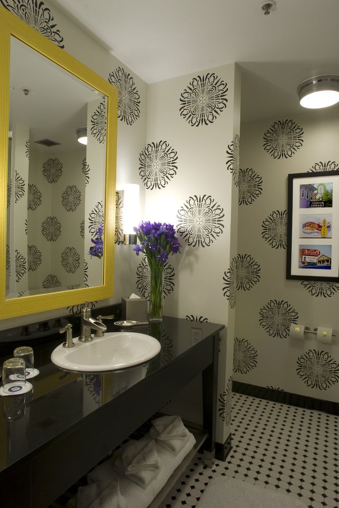Avanity Mirrors   Contemporary Bathroom  and Art Bath Mat Black Vanity Ceiling Light Checkerboard Floor Open Shelf Oval Sink Single Sink Wall Paper Yellow Framed Mirror