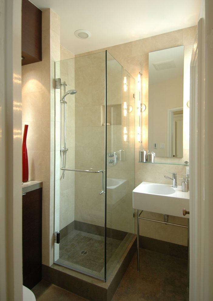 Average Cost to Remodel a Small Bathroom   Contemporary Bathroom Also Bathroom Brown Tile Glass Shelf Glass Shower Modern Modern Sink Noe Valley Recessed Lights San Francisco Small Bathroom Small Shower Small Sink Stone Tile Wood Cabinets