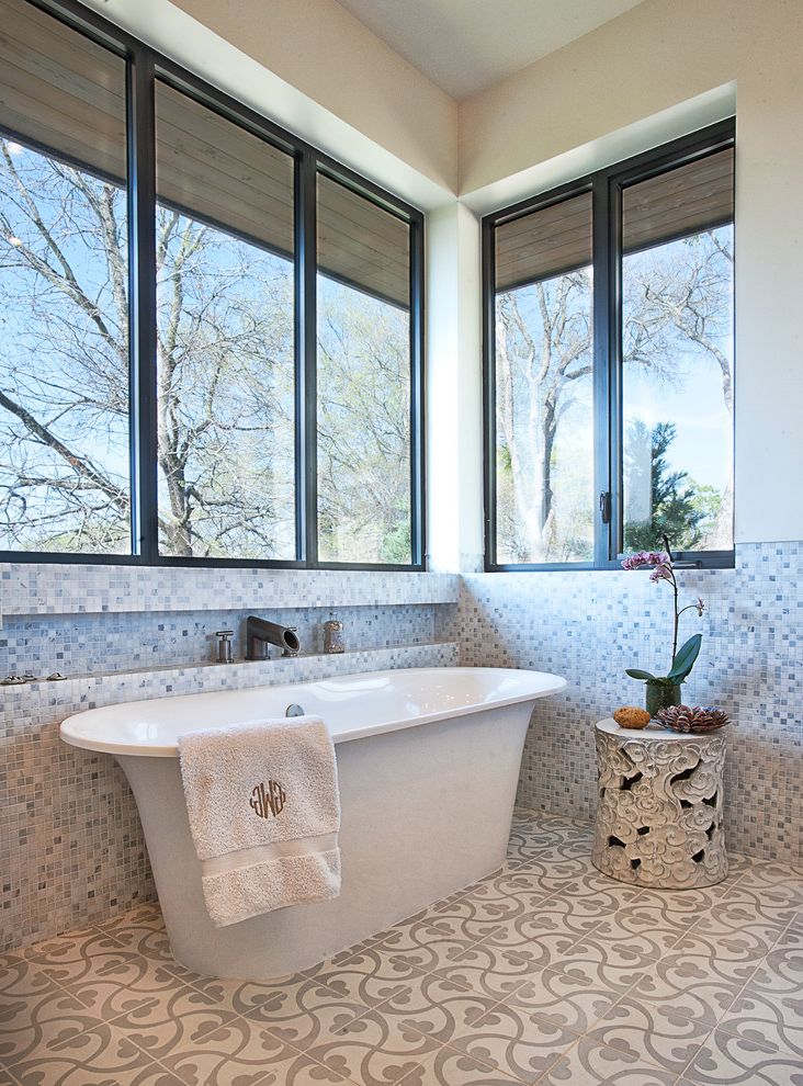 Bathtub Faucet with Sprayer with Transitional Bathroom  and Bathroom Tile Floor Tile Freestanding Bathtub Garden Stool Inset Shelf Monogram Towel Mosaic Tile Orchid Tile Pattern