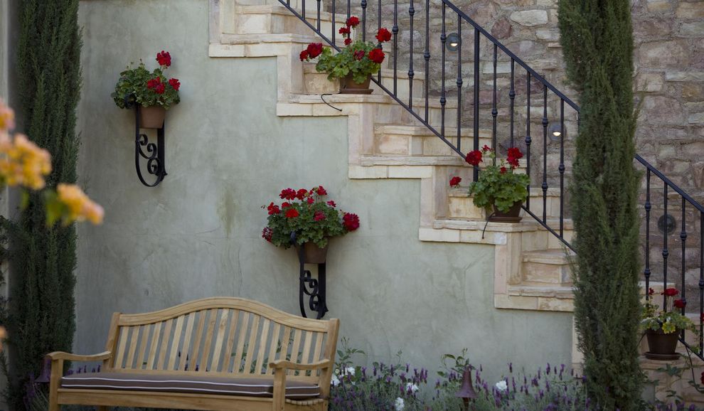 Bella Monte at Desert Ridge   Mediterranean Staircase  and Architectural Brick Architectural Stone Bench Brick Desert Eldorado Eldorado Brick Eldorado Stone Flowers Metal Banister Outdoor Staircase Stone Stone Veneer Tuscan