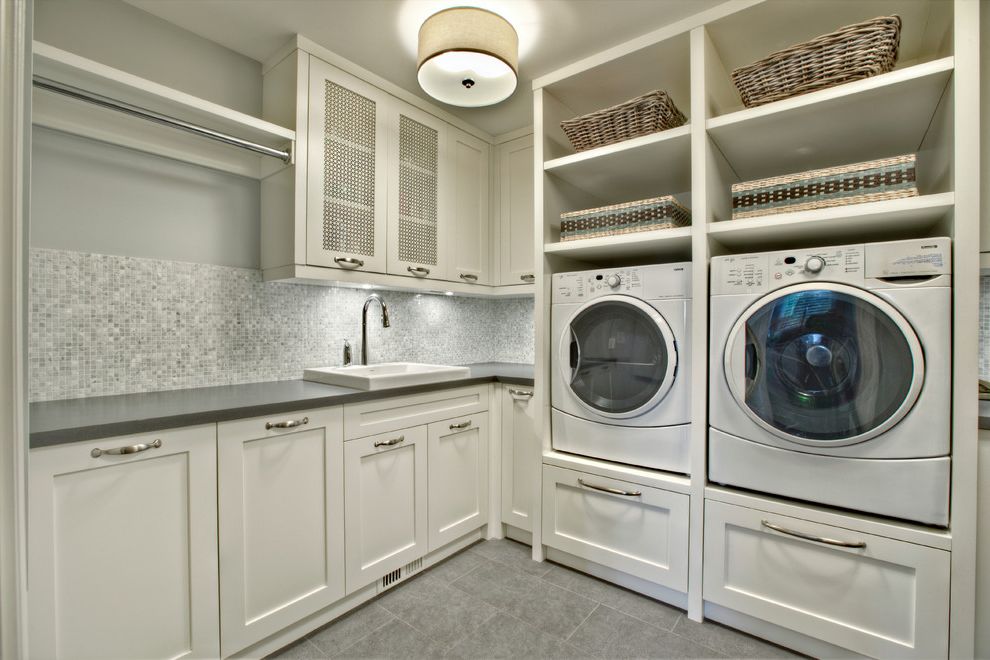 Best Washers 2015   Transitional Laundry Room Also Built in Front Loading Washer Dryer Gray Room Mosaic Tile Backsplash Open Shelves Sink Tile Floor White Cabinets