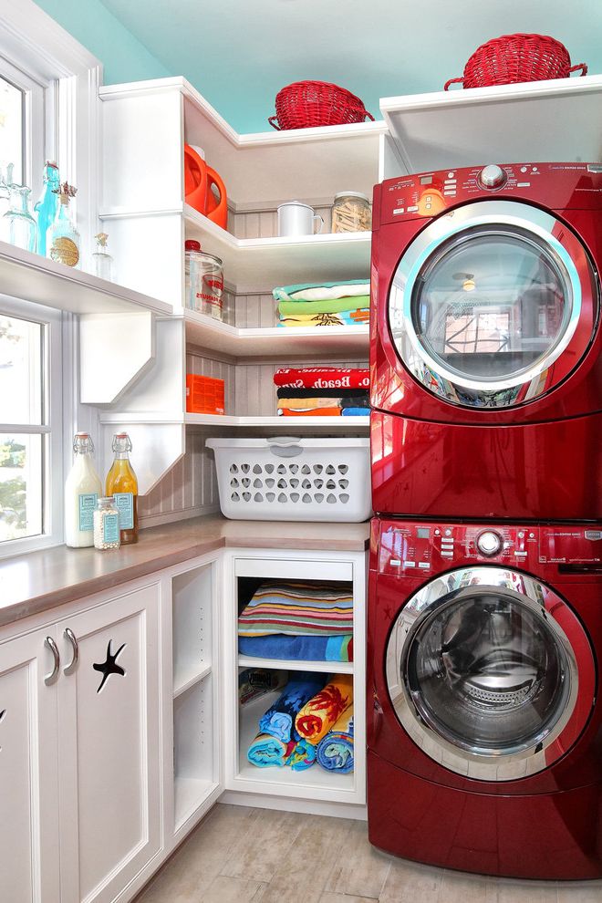 Best Washers 2015 with Traditional Laundry Room  and Beach House Beadboard Built in Shelves Front Loading Washer and Dryer Fun Mud Room Pantry Red Appliances Retro Shaker Style Stackable Washer and Dryer Stacked Washer and Dryer Stacking Washerdryer