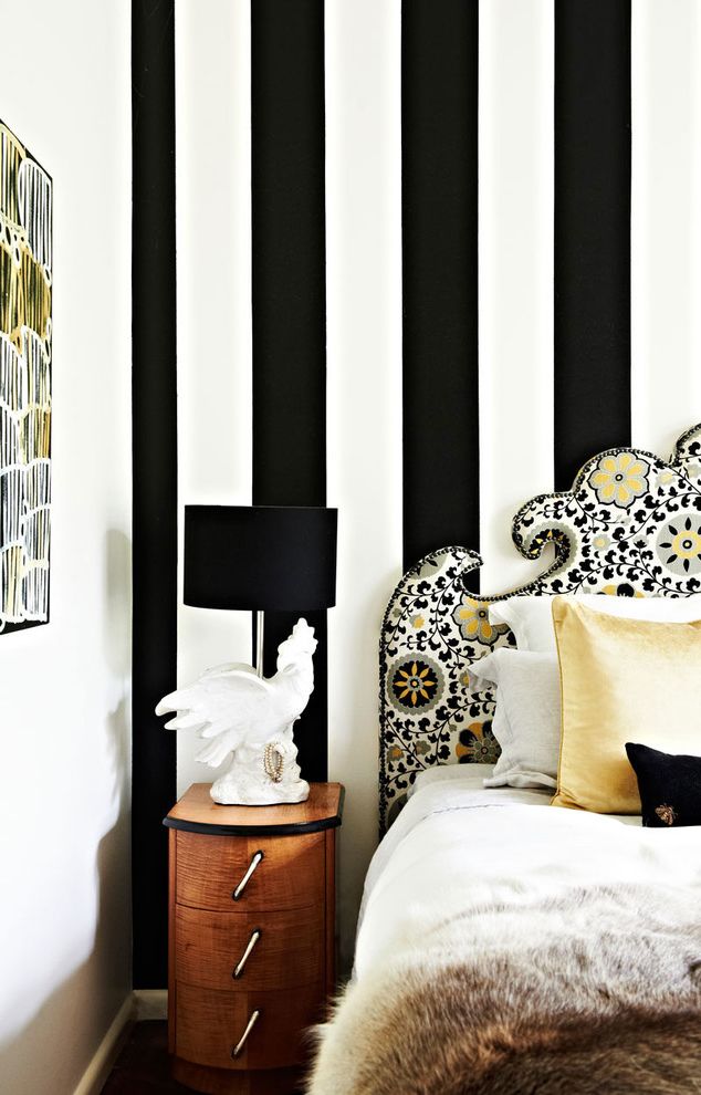 Black and White Striped Sheet Set   Eclectic Bedroom  and Antiques Bedside Lamp Bird Lamp Black and White Stripes Black and White Walls Black Lampshade Eclectic Modern Industrial Narrow Nightstand Patterned Headboard Upholstered Headboard Vintage