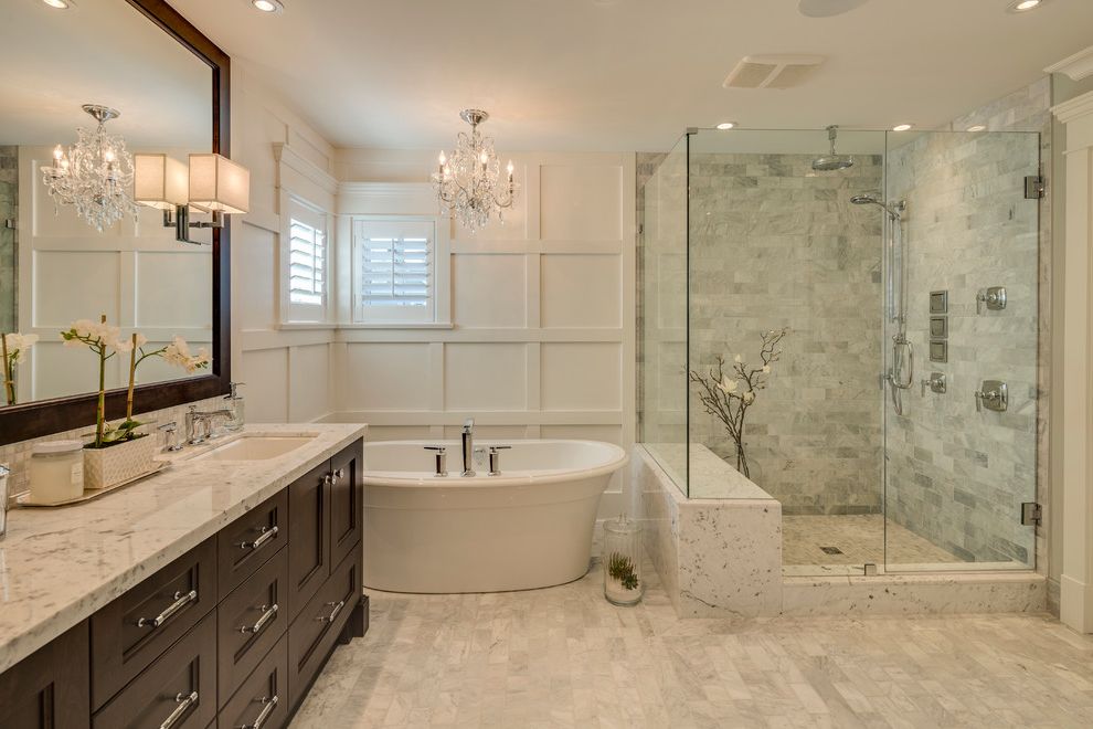 Black Vanity Light Fixtures with Traditional Bathroom Also Award Winning Builder Crystal Chandelier Double Sink Framed Mirror Luxurious Potlight Rainhead Two Sinks White Trim
