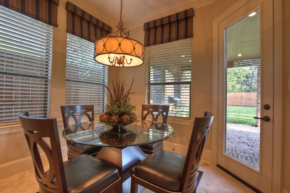 Blinds.com Reviews with Traditional Dining Room  and Beige Blinds Breakfast Table Brown Crown Molding Dark Stained Wood Glass Dining Table Glass Door Open Back Chairs Pendant Light Striped Roman Shade Tile Floor Travertine