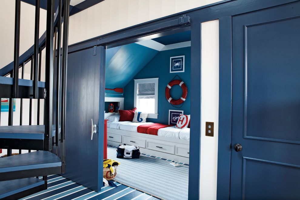 Blue Barn Sf with Beach Style Kids Also Area Rug Barn Doors Beach Accessories Bedding Bedroom Blue and White Blue Wall Boys Room Built in Bed Nautical Pillows Sailing Spiral Stair Striped Floor Under Bed Storage Wall Art White Trim Window