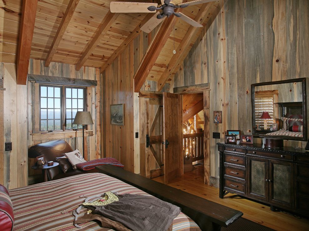 Blue Barn Sf with Rustic Bedroom  and Cabin Casement Windows Chest of Drawers Dresser Lodge Rustic Sloped Ceiling Striped Bedding Vaulted Ceiling Wood Flooring Wood Paneling