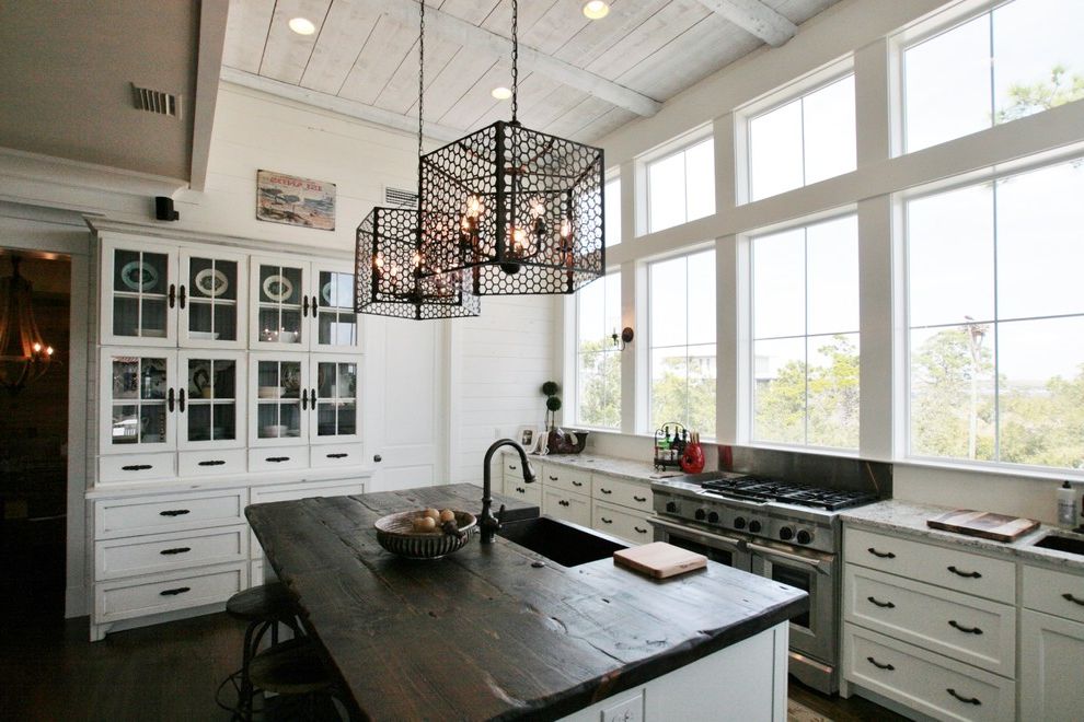 Bob Wallace Appliance   Beach Style Kitchen  and China Hutch Kitchen Island Paneled Ceiling Pendant Lighting Tongue and Groove Wall White Kitchen Windows