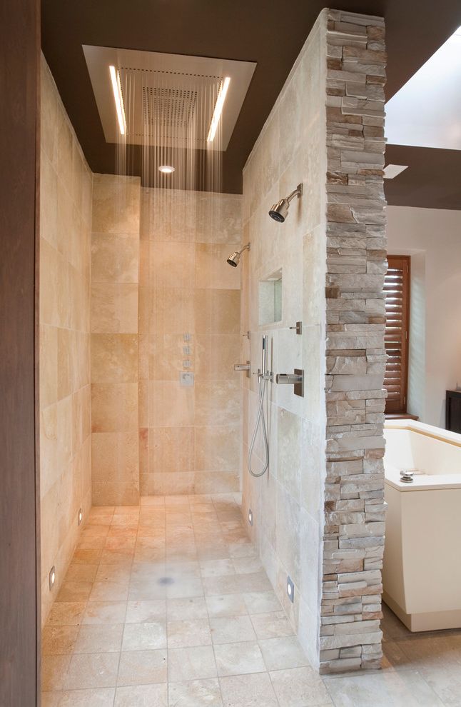 Body Spray Shower Heads   Contemporary Bathroom  and Beige Stone Wall Double Shower Handheld Shower Head Multiple Shower Head Open Shower Oversized Shower Rain Shower Head Stacked Stone Shower Stacked Stone Wall Stone Floor Walk in Shower