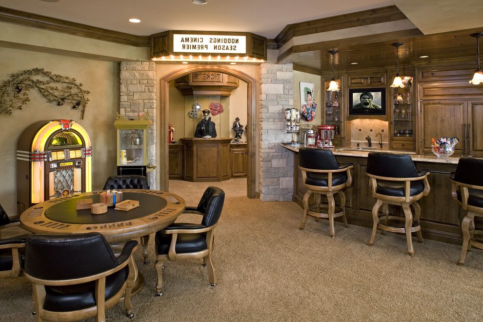 Bonney Lake Theater   Traditional Home Theater  and Alder Alder Millwork Bar Barstools Carpet Entertainment Area Game Area Game Room Jukebox Movie Theater Movie Theatre Paneled Refrigerator Pendants Poker Poker Table Stone Stools Sub Zero Theater Theatre