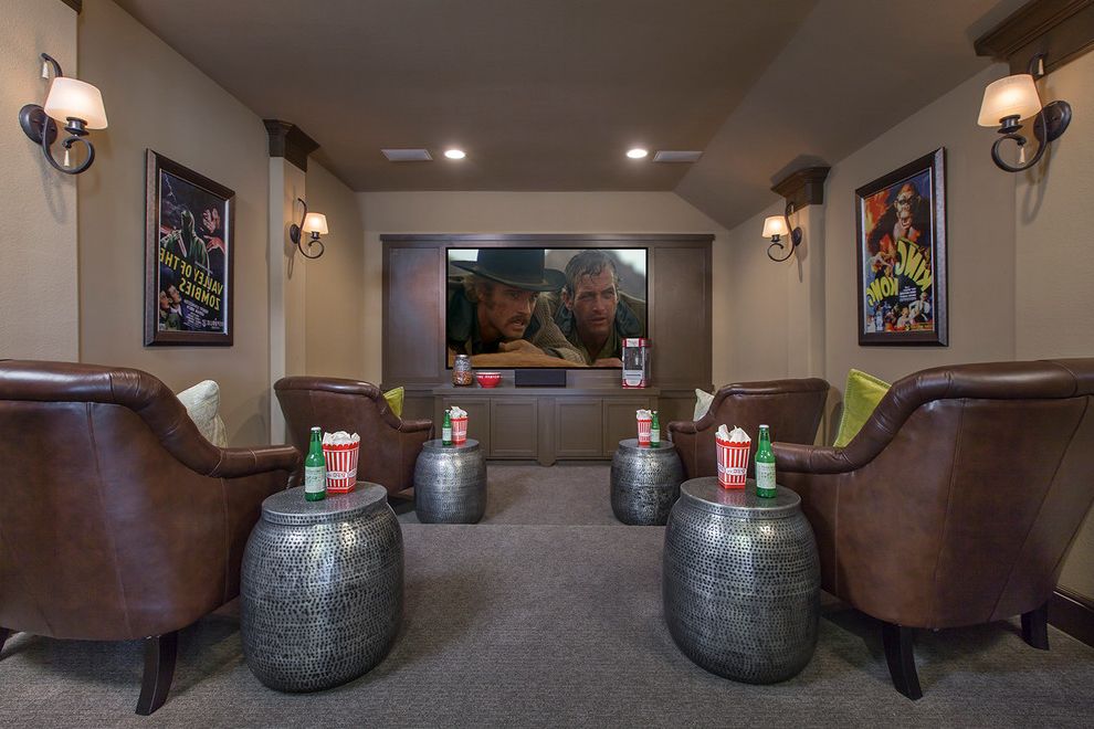 Bonney Lake Theater   Traditional Home Theater  and Hidden Lakes Houston League City Leather Chair New Homes Recessed Lighting Silver Accent Table Taupe Walls Wall Sconce with Shade