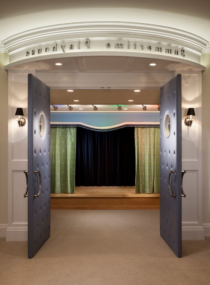 Bonney Lake Theater with Traditional Home Theater Also Beige Carpeting Curtain Panels Custom Millwork Marquee Stage Summertime Playhouse Theater Upholstered Doors Wall Sconces White Painted Wood