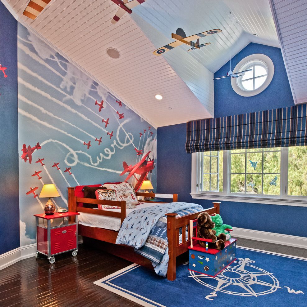 Bunker Hill Security Camera Reviews   Traditional Kids  and Airplane Mural Airplanes Beadboard Ceiling Blue Striped Roman Shades Blue Walls Boys Bedroom Boys Room Compass Dark Wood Floors High Ceiling Mural Portal Window White Trim