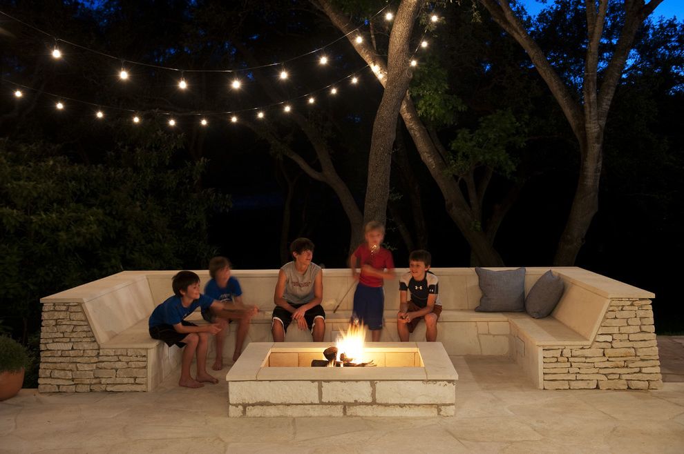 Buster Crabbe Pools with Contemporary Patio  and Bench Carport Festoon Lighting Fire Pit Garden Seating Limestone Outdoor Fireplace Outdoor Lighting Outdoor Living Outdoor Seating Rock Smores Stone Stone Bench Stone Patio