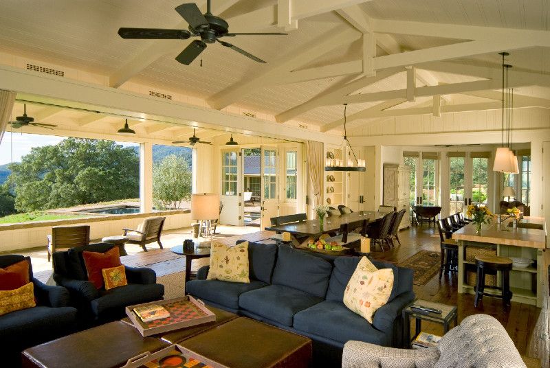 Buster Crabbe Pools with Farmhouse Family Room Also Blue Couch Ceiling Fan Checkerboard Dining Table Exposed Beams Kitchen Island Lift and Slide Door Open Space Living Ottoman Pendant Chandeleir Side Table Sunflowers Throw Pillows Wood Ceiling