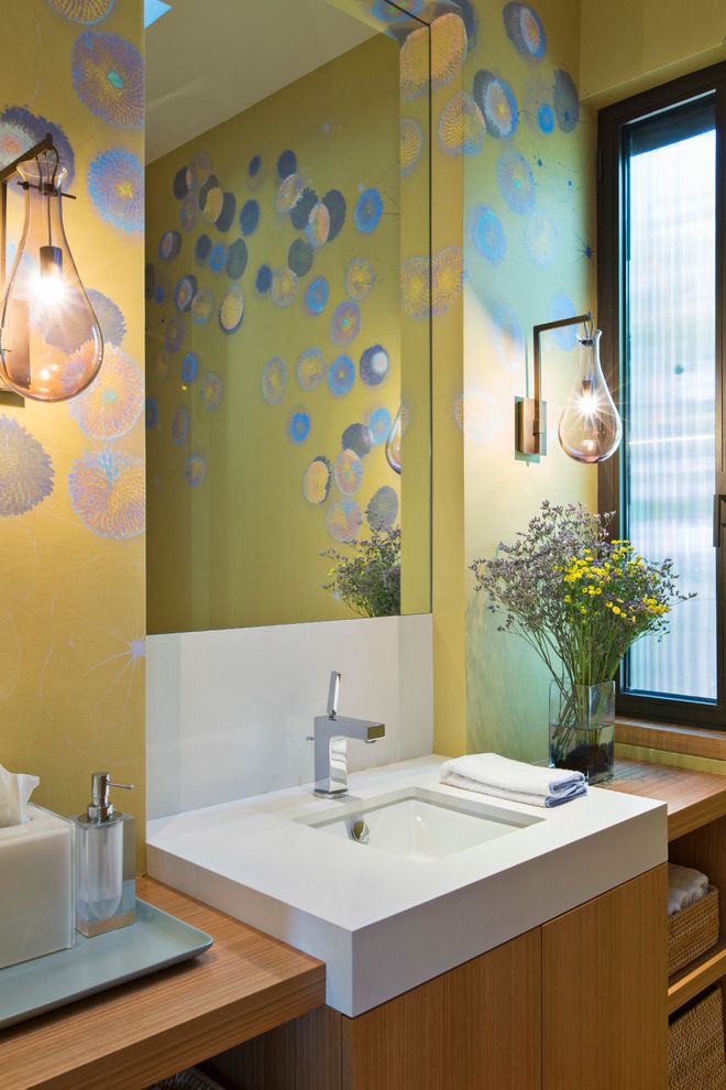 Cabin Wall Sconces   Contemporary Powder Room Also Custom Bathroom Graphic Wallpaper Trove Wallpaper Wall Sconces Window