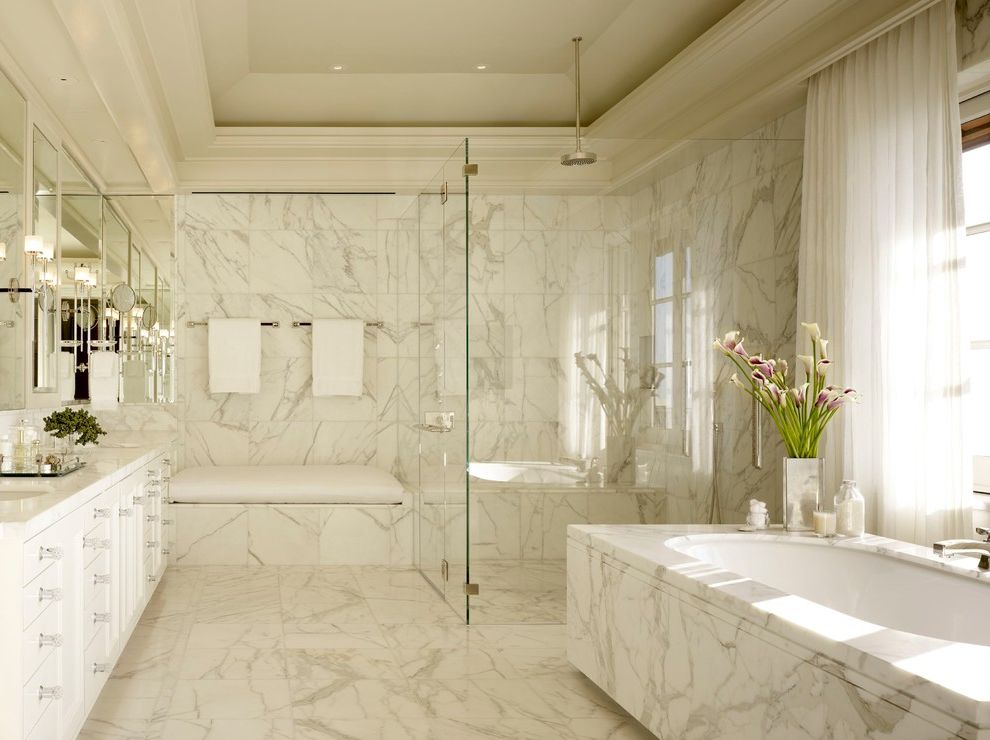 Callas Contractors   Transitional Bathroom  and Built in Bench Curtains Rain Showerhead Towel Racks Wall Mirrors White Bathroom Windows