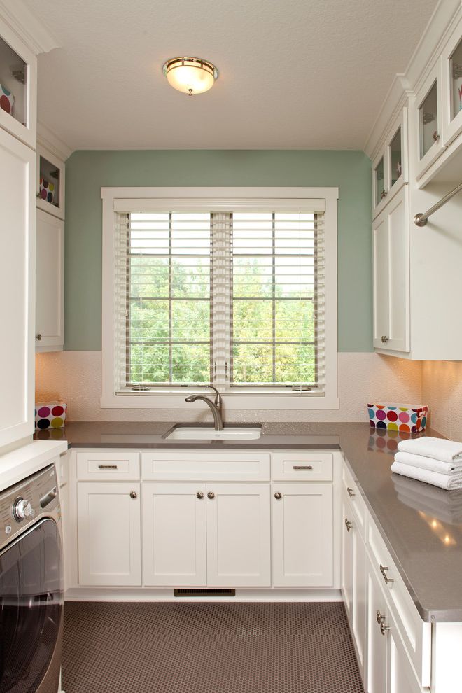 Cambria Countertops Colors with Traditional Laundry Room Also Built in Cabinets Gray Floor Green Walls Penny Tile Undercabinet Lighting White Cabinets