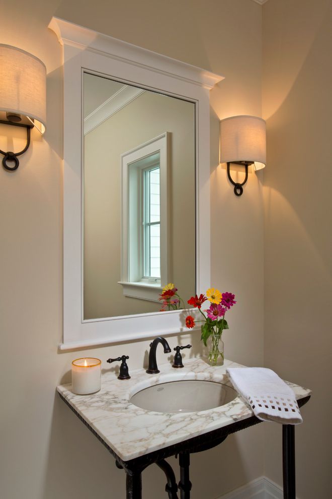 Candle Sconces Pottery Barn with Farmhouse Powder Room  and Albany Backsplash Barn Barn Doors Mantle Millwork Modern Farmhouse Porch Saratoga Springs Sconces Timber Frame White Framed Mirror White Kitchen