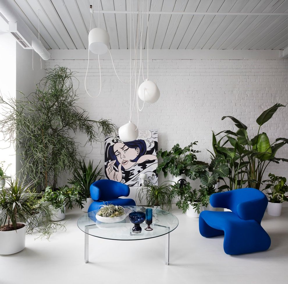 Canvas Factory Reviews with Eclectic Living Room  and Blue Chairs Comic Book Art Glass Coffee Table Industrial Large White Pendants Painted Brick Pop Art Potted Plants Tropical White Brick Wall White Wood Ceiling
