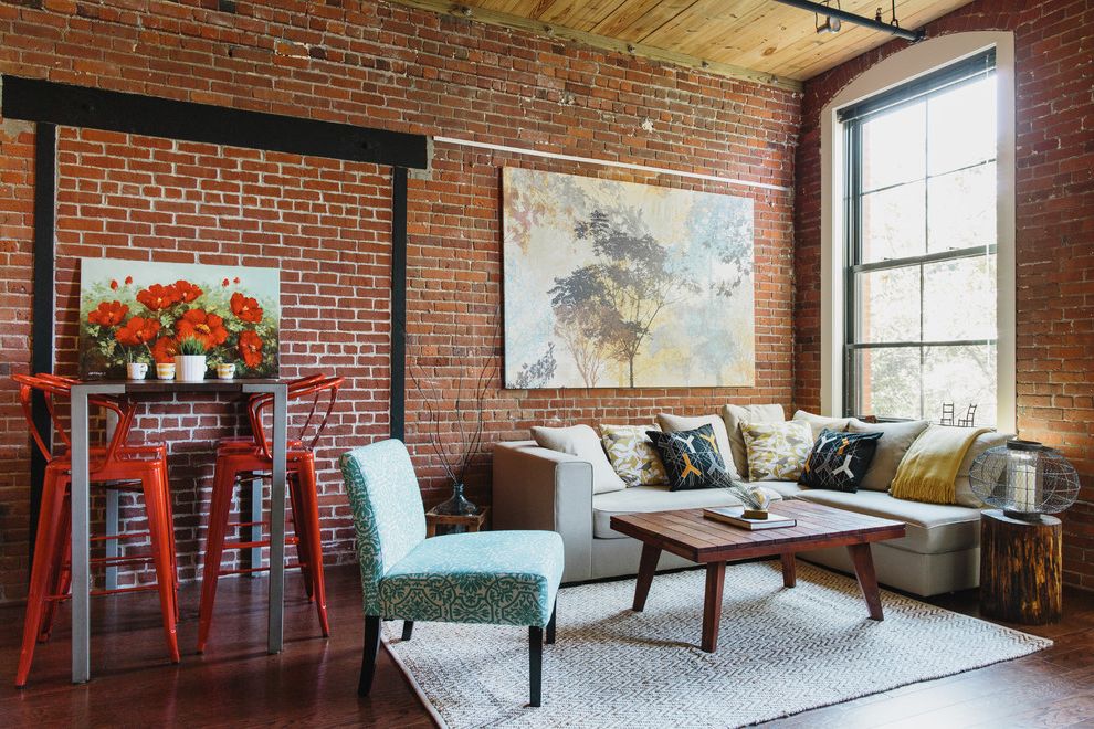 Canvas Factory Reviews with Industrial Living Room Also Black Framed Windows Boston Color Etsy Exposed Brick Wall Loft Industrial Loft Painting Red Red Bar Stools Sectional Sofa Tall Ceilings Wooden Coffee Table