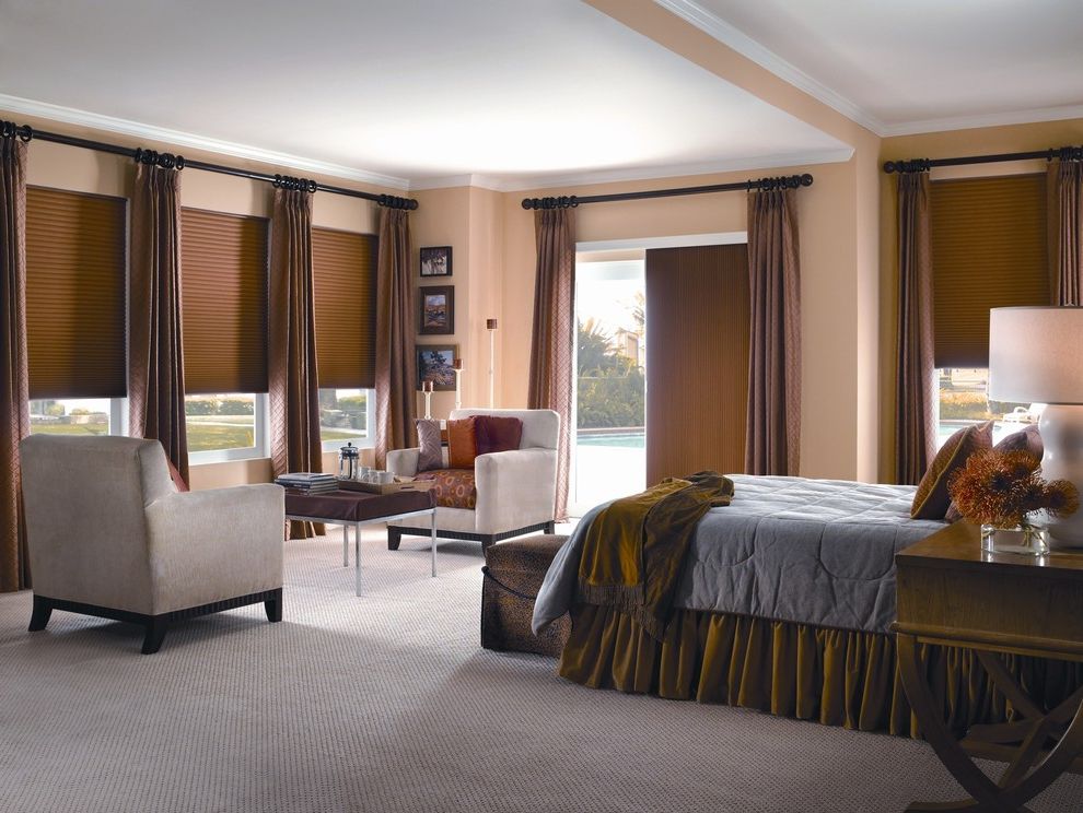 Casablanca Wall Control   Traditional Dining Room  and Bedroom Brown Drapes Carpet Flooring Cellular Shades Curtains Custom Drapery Drapery Drapes High End Curtain Drape Roman Shades Seating for Two Shades Shutter Window Treatments
