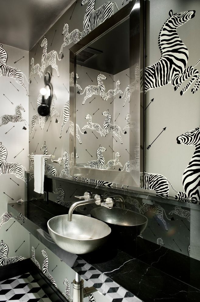 Catch Restaurant Nyc   Contemporary Powder Room  and Chelsea Ny Dark Colors Framed Wall Mirror Masculine Monochromatic New York Towel Bar Townhouse Wall Sconce Zebra Wallpaper