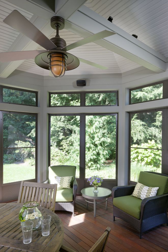Chandelier with Ceiling Fan Attached with Traditional Porch  and Beams Ceiling Fan Green Green Seat Cushions Porch Screen Porch Screened Sun Room Transom Windows Weathered Teak Table White Painted Wood Ceiling Woven Seating