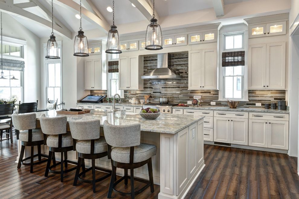 Charleston Homes Omaha   Traditional Kitchen  and Cathedral Ceiling Clerestory Cabinets Gray Countertop Pendant Lights Recessed Lighting Upholstered Bar Stools Vaulted Ceiling White Trusses