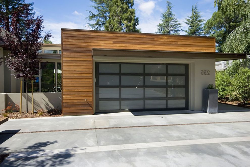 Chattanooga Garage Door with Contemporary Garage Also Concrete Paving Container Plants Flat Roof Garage Door Garden Wall House Numbers Overhang Potted Plants Roof Line Wood Siding