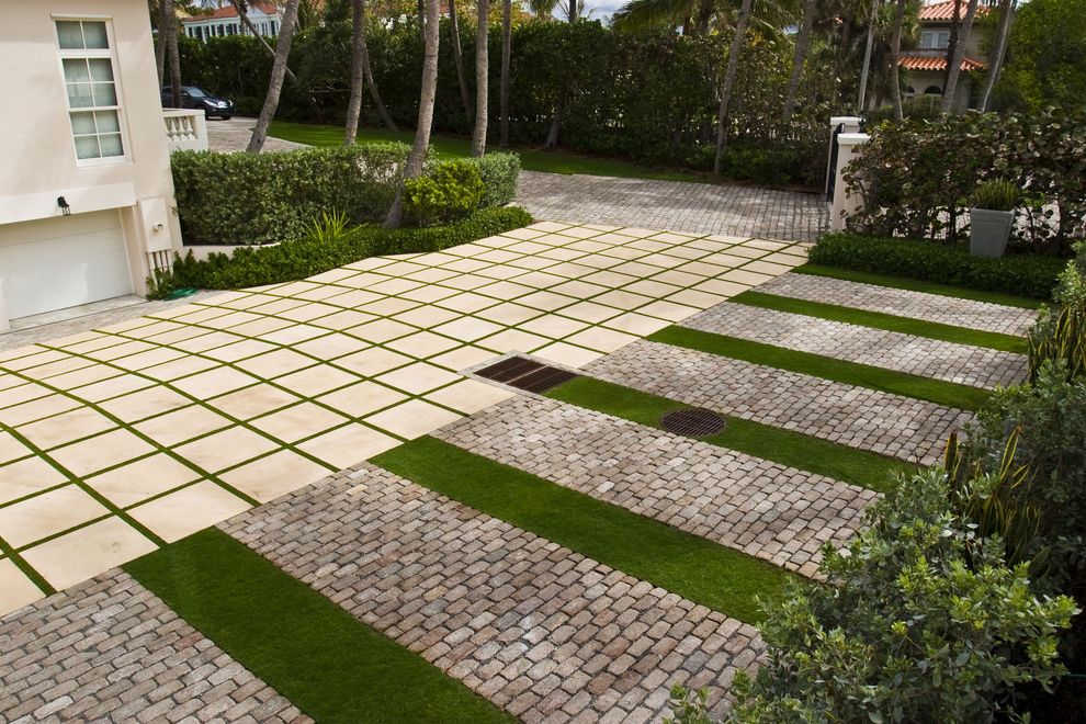 Cheapest Driveway Material   Contemporary Landscape Also Brick Paving Concrete Paving Entrance Entry Entry Gate Geometric Geometry Grass Hedge Lawn Palm Trees Pavers Permeable Paving Turf