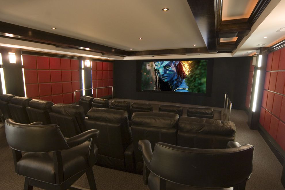 Chevy Chase Theater   Contemporary Home Theater Also Ceiling Lighting Ceiling Treatment Coffered Ceiling Cove Lighting Home Theater Paneling Recessed Lighting Reclining Chairs Sconce Screening Room Stadium Seating Wall Lighting
