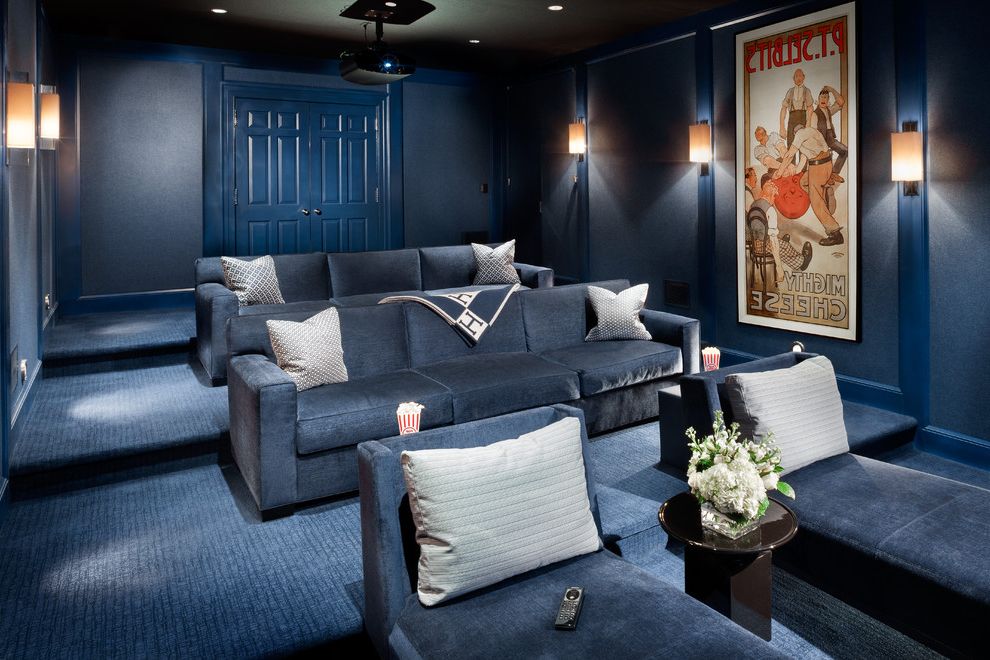 Chevy Chase Theater   Transitional Home Theater  and 4k Projector Blue Carpet Blue Couches Blue Theater Custom Home Theater Dark Blue Hermes Blanket Performance Theater Sony 4k Sony 4k Projector Totem Speakers White Flowers
