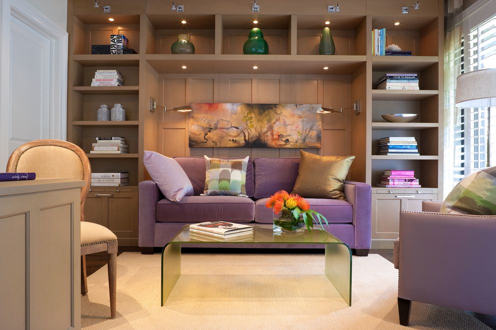 Cindy Crawford Measurements with Contemporary Home Office and Area Rug Artwork Blinds Books Built in Cabinets Coffee Table Cubbies Nail Head Detail Pillows Pottery Purple Shelves Velvet Wall Sconces Waterfall Table