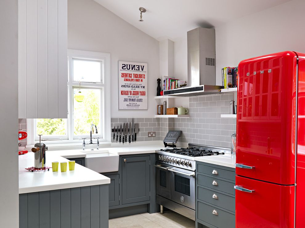 Coloured Fridges with Traditional Kitchen  and Bespoke Grey Kitchen Grey Kitchens Grey Metro Tiles Metro Tile Metro Tile Splashback Range Red Fridge Sloped Ceiling Small Kitchen Small Kitchens Vent Wall Shelves Window
