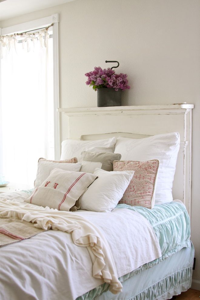 Comfy Sack   Shabby Chic Style Bedroom  and Bedskirt Decorative Pillows Dust Ruffle French Country Green Duvet Monogram Reclaimed Furniture Rustic Shabby Chic Throw Pillows White Bed White Wood Wood Headboard Wood Trim