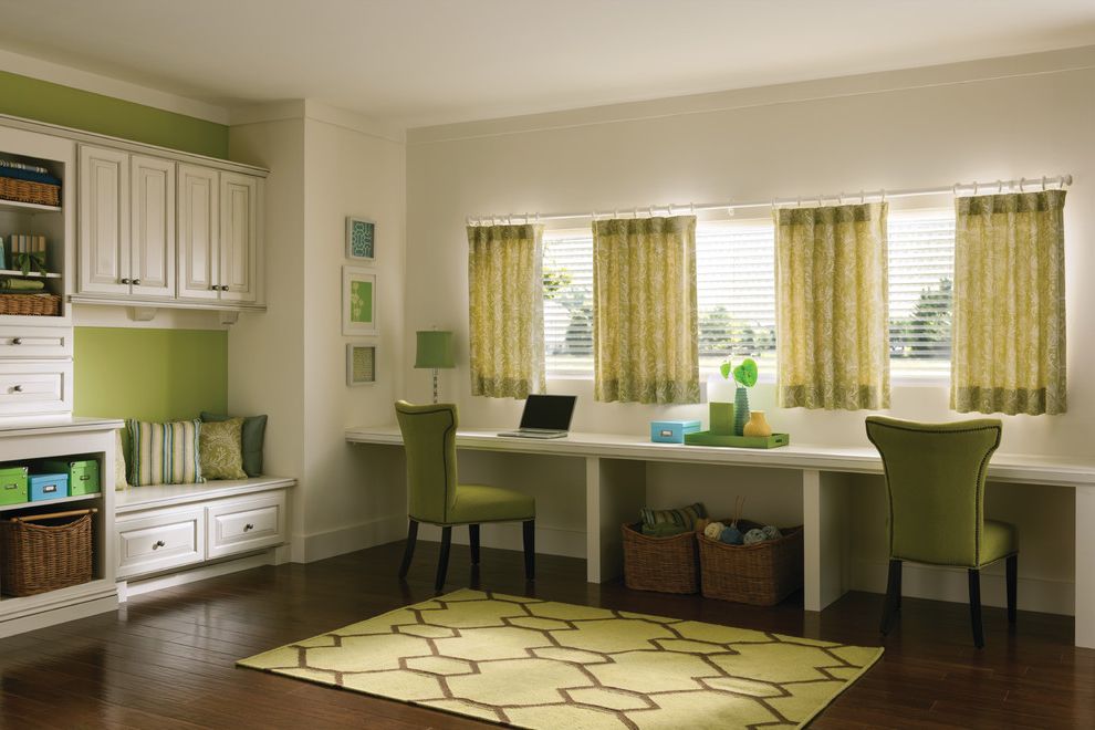 Commercial Kitchen Counters with Traditional Living Room  and Area Rug Built in Curtains Custom Drapery and Pillows Drapery Drapes Dual Workspace Green Curtains Green Room Multi Purpose Home Office Roman Shades Shades Shutter Window Treatments