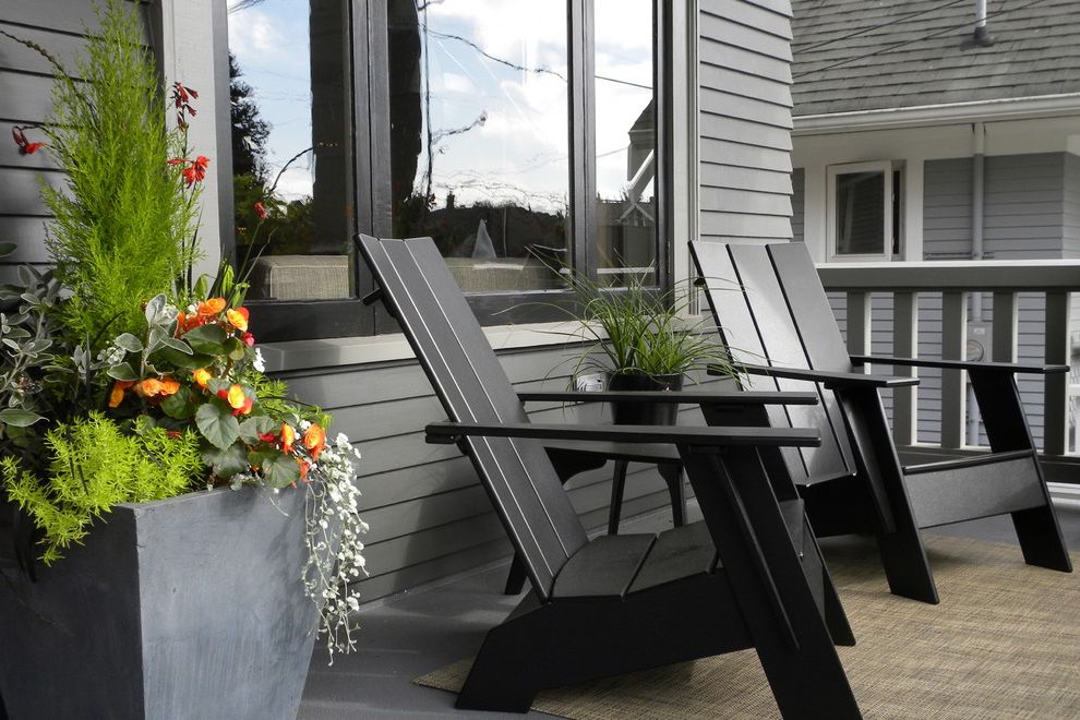 Composite Adirondack Chairs   Craftsman Porch Also Bungalow Craftsman Deck Deck Chairs Gray Potted Plant