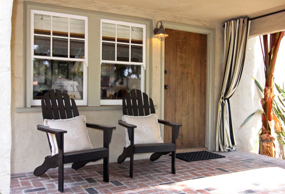 Composite Adirondack Chairs with Mediterranean Porch Also Adirondack Chairs Brick Paving Entry Porch Front Door Front Porch Herringbone Pattern Outdoor Curtains Outdoor Lighting Patio Furniture Striped Curtains
